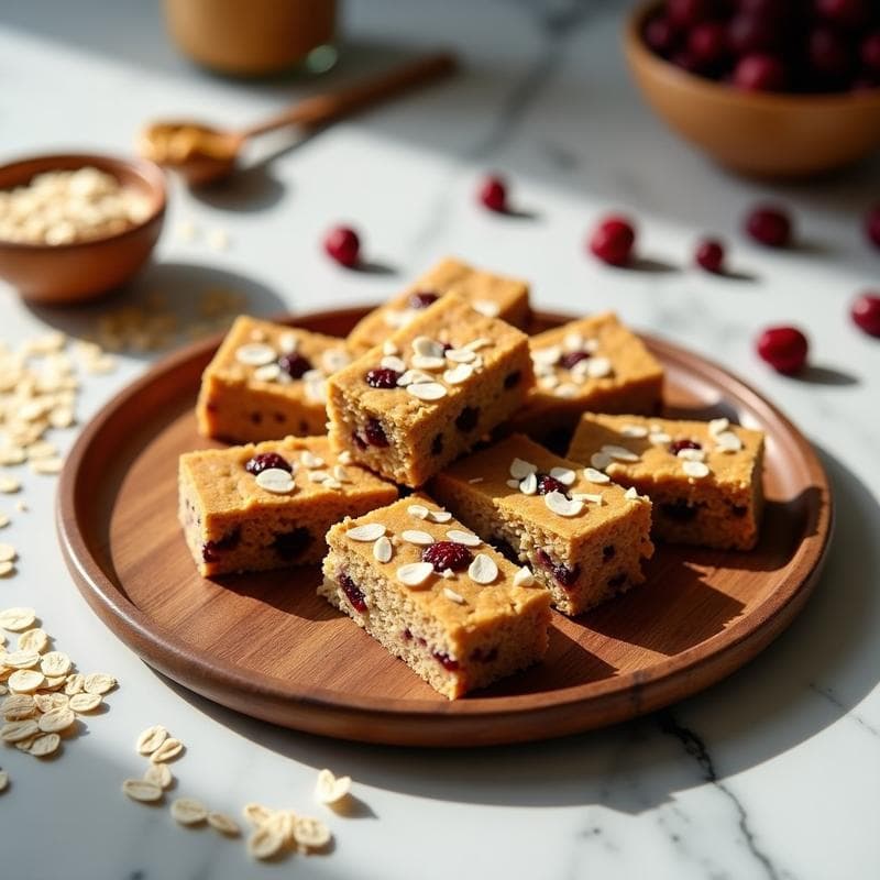 Barritas de avena con proteína de guisante y arándanos, snack saludable sin azúcar, cortadas en porciones y apiladas sobre papel de horno con semillas de chía visibles.