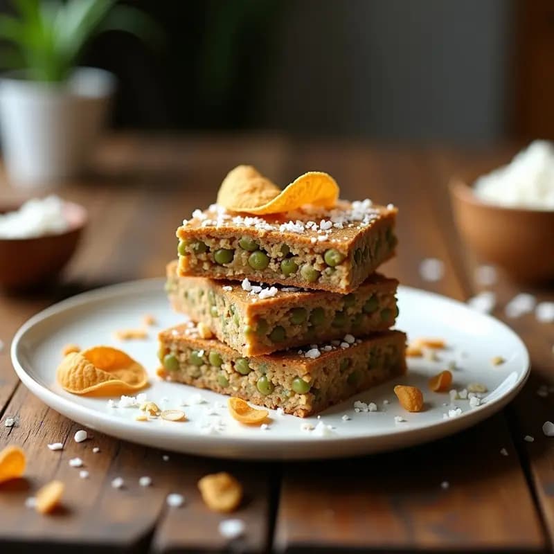Barritas de avena y proteína de guisante con chips de coco cortadas en rectángulos, con textura crujiente y dorada, servidas en un plato blanco sobre fondo rústico.