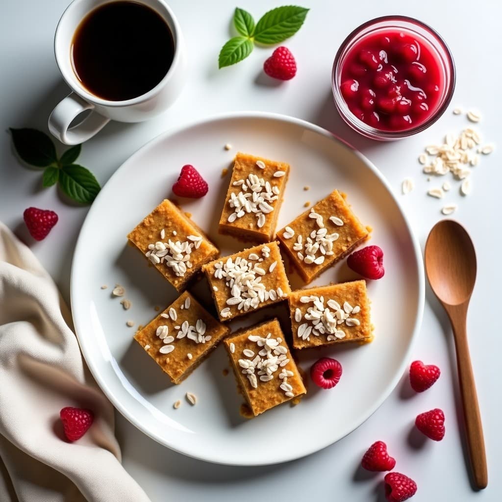 Barritas doradas de avena y proteína de guisante cortadas en porciones rectangulares, servidas en un plato blanco con salsa de frambuesa espesa y brillante por encima. Frambuesas frescas y semillas de chía como decoración. Desayuno fitness sin azúcar.