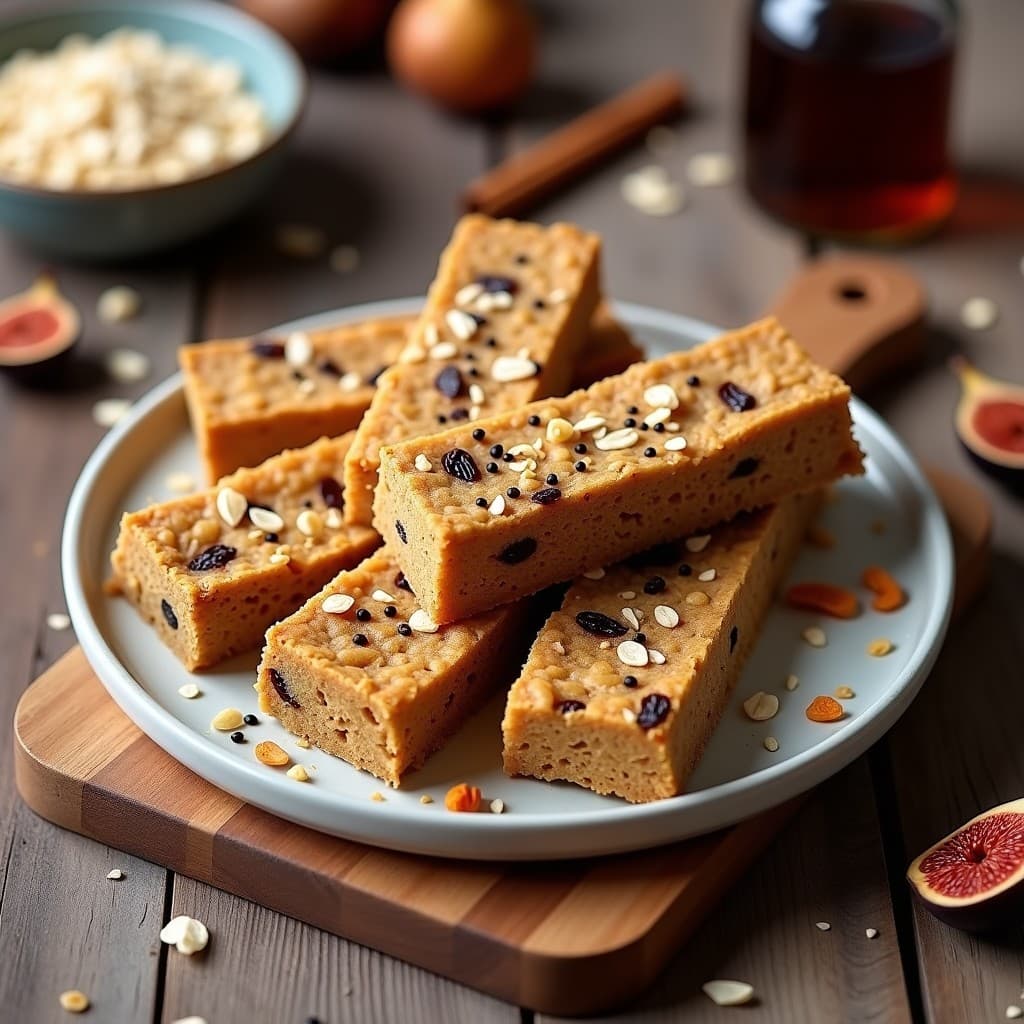 Barritas de avena y proteína con trozos de higos dispuestas en una tabla de madera, con coco rallado tostado y semillas de sésamo negro por encima. Desayuno alta en fibra y energía, vegano y sin azúcar añadido.
