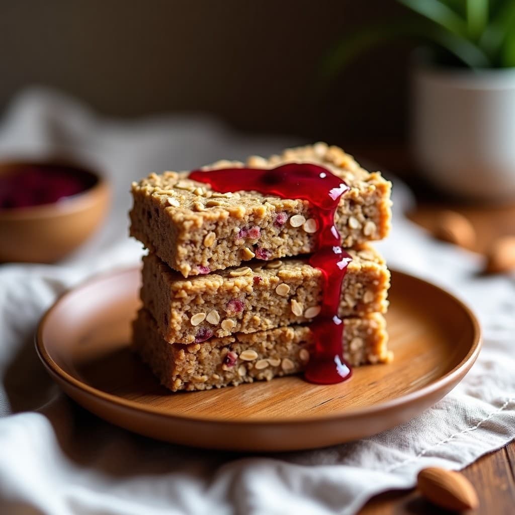 Barritas rectangulares de avena y proteinada de guisante con vetas de mermelada de frutos rojos, apiladas en un plato de madera rústica sobre fondo claro. Snack alto en proteína y vegano.