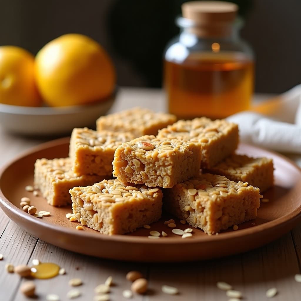 Barritas doradas de avena y semillas de girasol con miel, cortadas en rectángulos uniformes, apiladas sobre un plato de madera rústico con fondo desenfocado. Desayuno energético sin gluten.