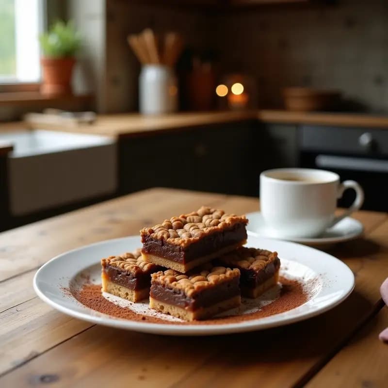 Barritas de energy de café y dátiles con cobertura de cacao, snack pre-entreno sin horno, cortadas en porciones alargadas con chocolate negro brillante por la mitad, sobre fondo rústico de madera con granos de café y cacao esparcidos.