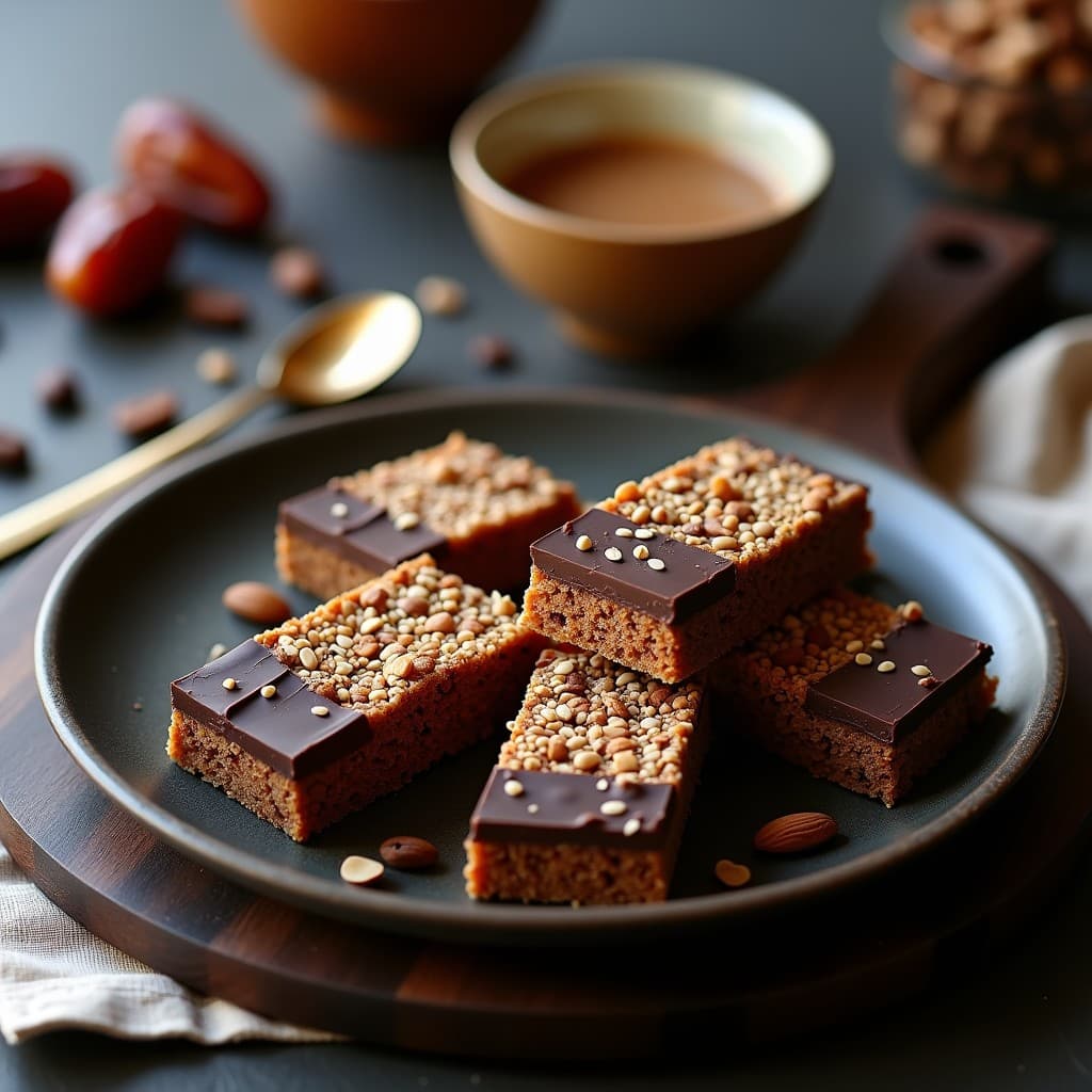 Barritas rectangulares de café y dátiles con cobertura de chocolate 85%, apiladas en un plato de madera oscuro con granos de café y dátiles al fondo. Textura crujiente por fuera y densa por dentro, con brillo en el chocolate.