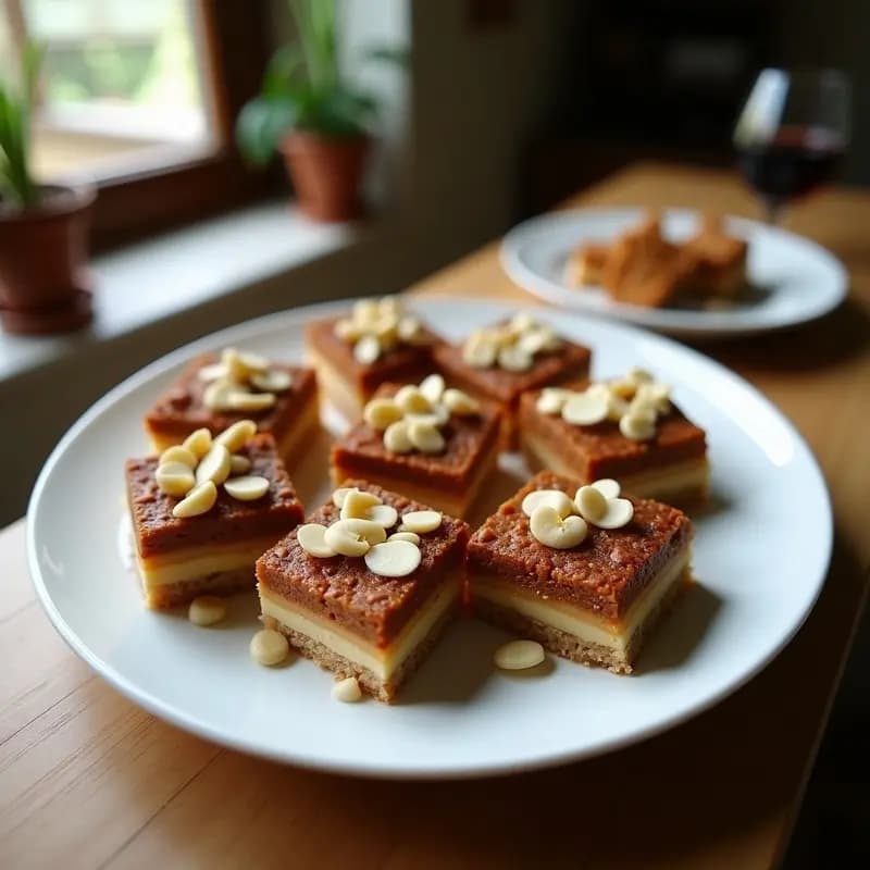 Barritas de energía keto sin horno con trozos de nueces de macadamia y café, cortadas en porciones rectangulares sobre papel de horno blanco, con fondo rústico de madera.