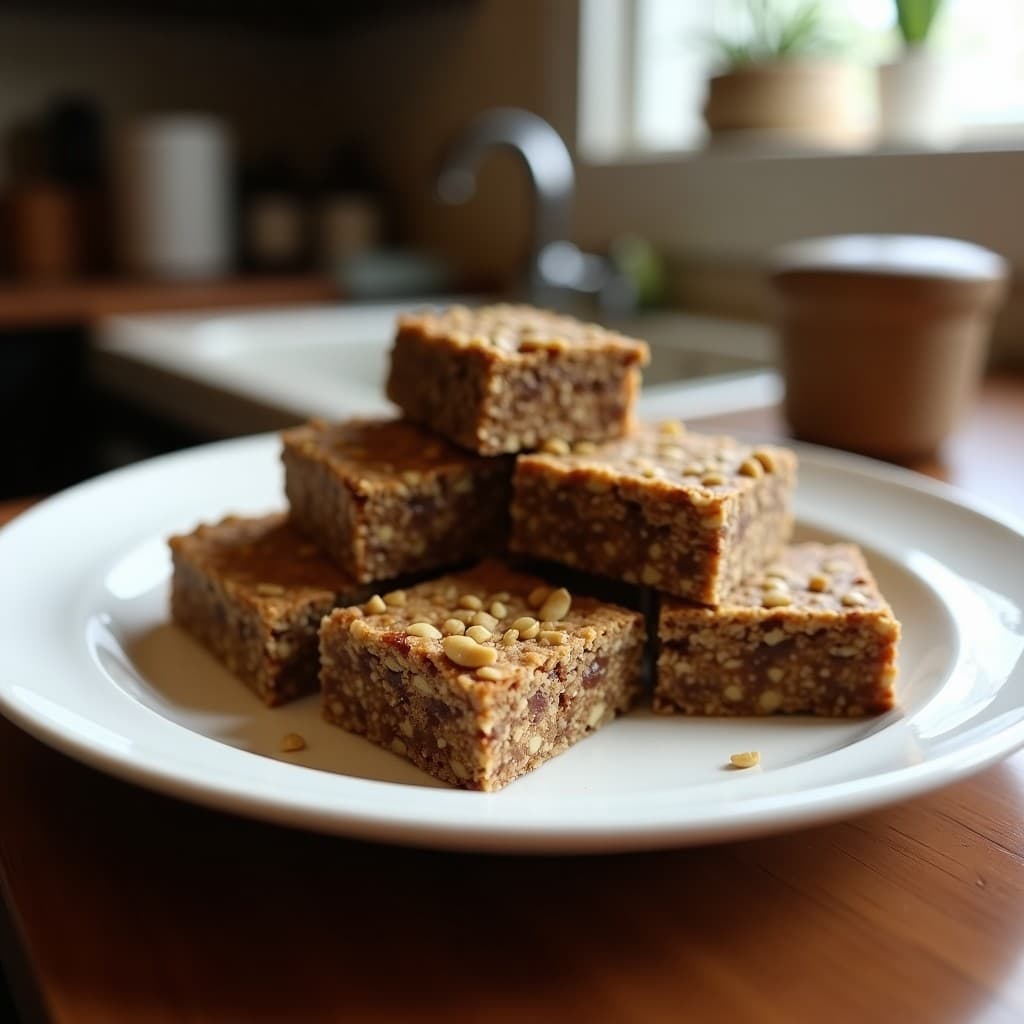 Barritas de proteína de cáñamo y dátiles cortadas en porciones rectangulares, con semillas de cáñamo y sésamo visibles en la superficie, sobre un fondo rústico de madera con dátiles y almendras esparcidos.