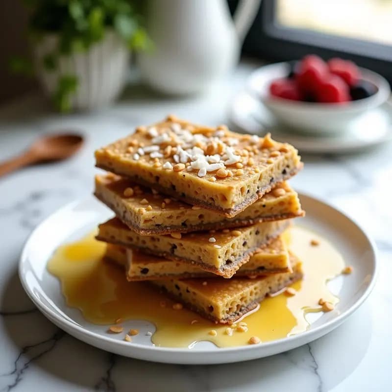 Barritas de cereales doradas con semillas de chía y miel, apiladas en forma de torre sobre un fondo blanco con coco rallado espolvoreado y un hilo de miel brillante. Desayuno saludable para llevar, receta viral y estética.