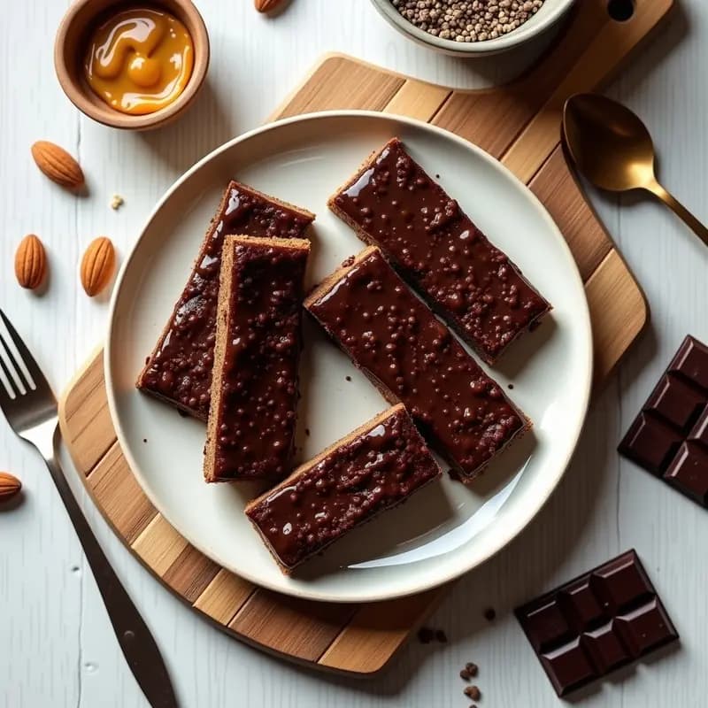 Barritas rectangulares de color marrón oscuro con cobertura brillante de chocolate amargo 85%, decoradas con semillas de chía visibles. Dispuestas sobre papel de horno en un plato de madera rústica, con trocitos de almendra al lado. Receta de barritas de chía y proteína de guisante con chocolate amargo para desayuno keto.