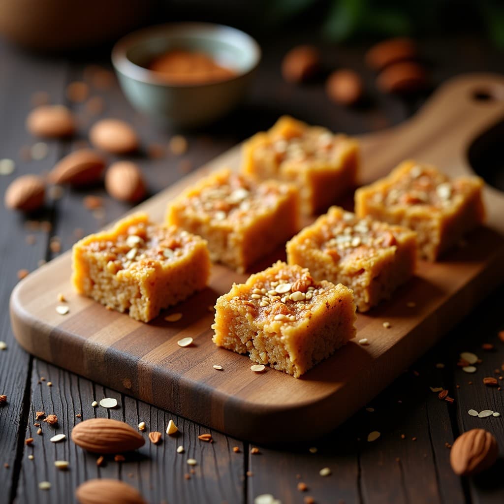 Barritas doradas de Chipre con higos y almendras sobre un plato de cerámica blanca, con semillas de sésamo en la superficie y un fondo de especias y frutos secos. Postre grecromano sin azúcar.