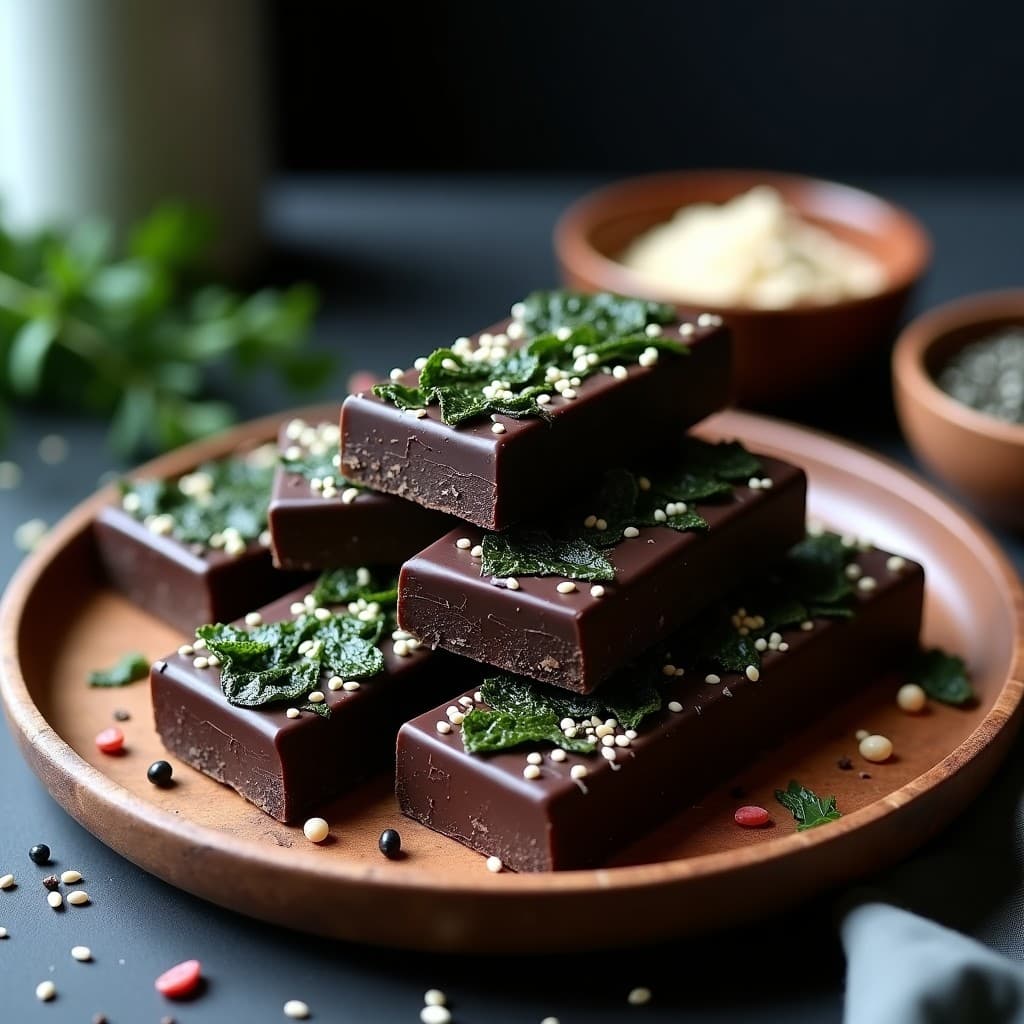 Barritas rectangulares de chocolate negro brillante con trozos visibles de alga nori y semillas de sésamo negro y blanco espolvoreadas, apiladas en un plato de madera rústica con fondo oscuro. Snack saludable sin azúcar.