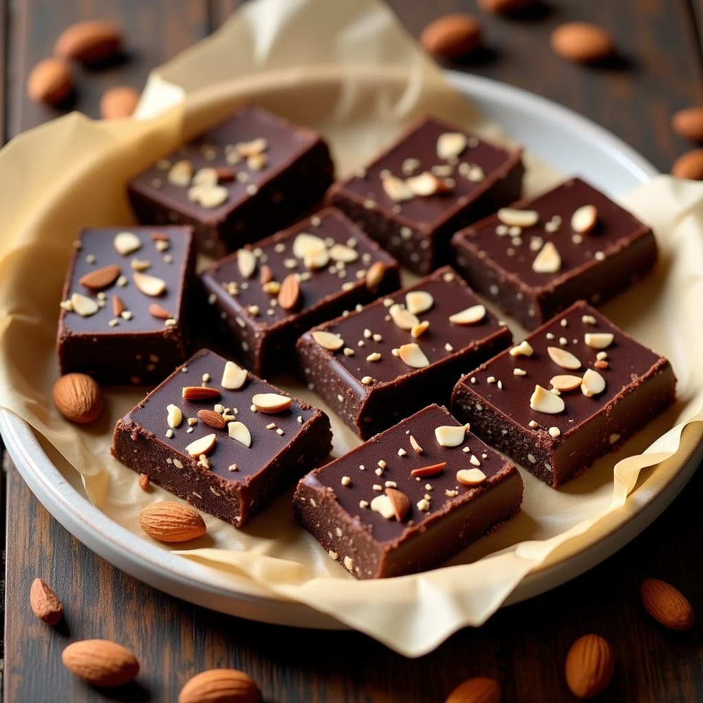 Barritas de proteína keto de chocolate negro y almendras con colágeno, cortadas en porciones rectangulares, con cobertura brillante de chocolate y almendras fileteadas por encima, sobre un fondo de papel de horno rústico.