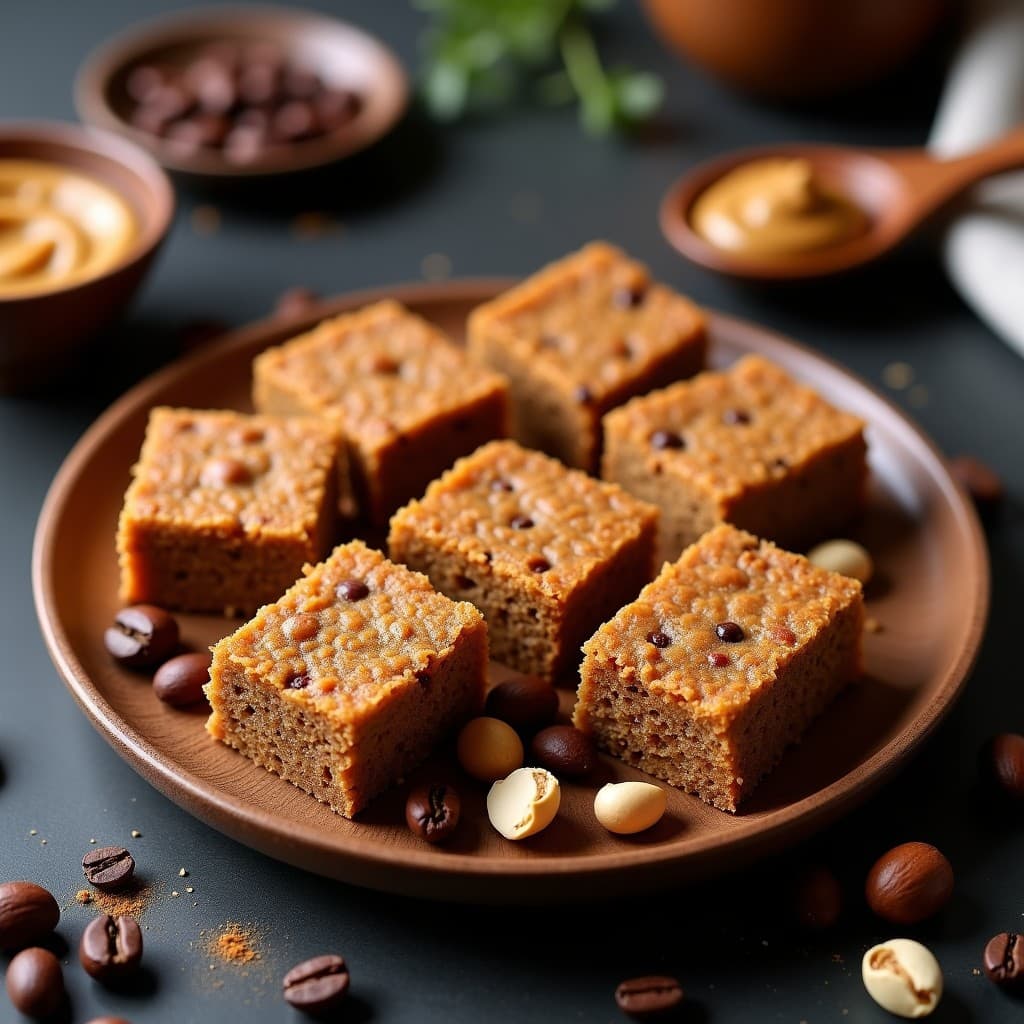 Barritas energéticas keto de avellanas y café cortadas en porciones rectangulares, con textura crujiente y color dorado, servidas sobre un plato de madera con granos de café y avellanas enteras al fondo.