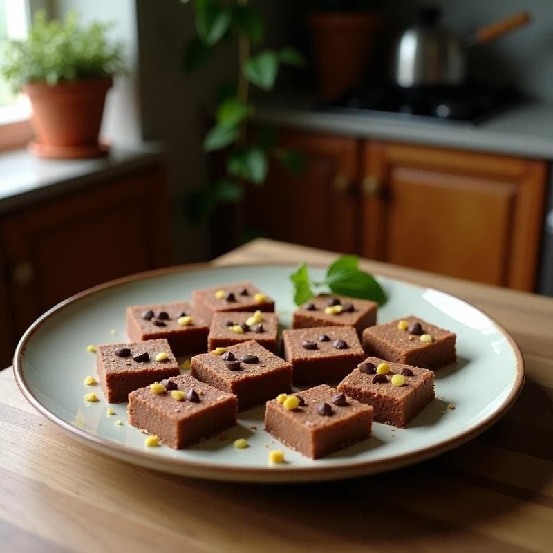 Barritas energéticas de cacao y pipas de calabaza cortadas en porciones rectangulares, con cacao nibs en la superficie, sobre un fondo de madera rústica con pipas de calabaza y cacao en polvo esparcidos. Snack vegano para tupper.