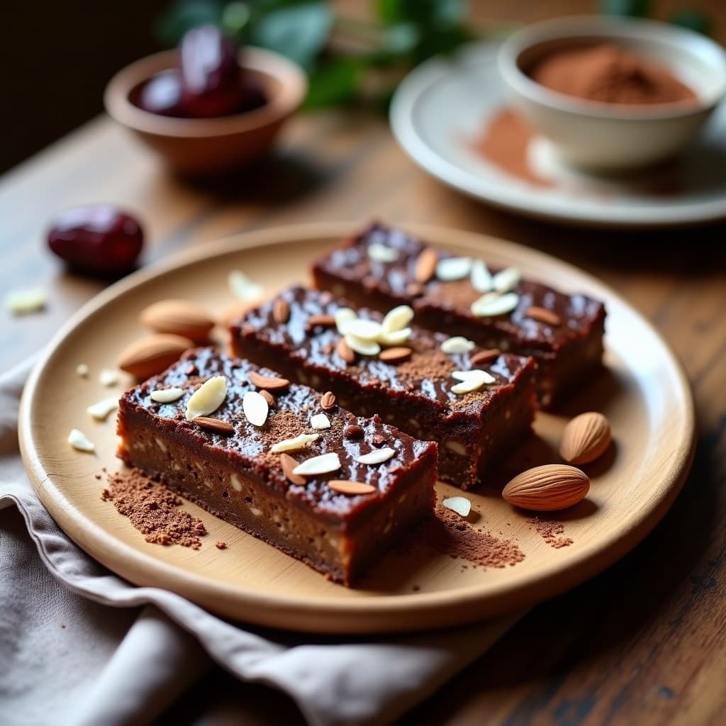 Barritas energéticas de dátiles, almendras y cacao puro cortadas en rectángulos perfectos, con textura compacta y brillo natural del coco rallado, sobre un fondo de madera rústica con cacao en polvo espolvoreado.