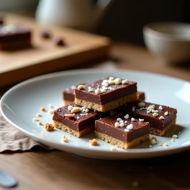 Barritas energéticas caseras de dátiles, coco rallado y cacao puro, cortadas en porciones rectangulares, con textura compacta y espolvoreadas con más coco. Snack sin azúcar ideal para deporte, sobre fondo rústico de madera con ingredientes dispersos.