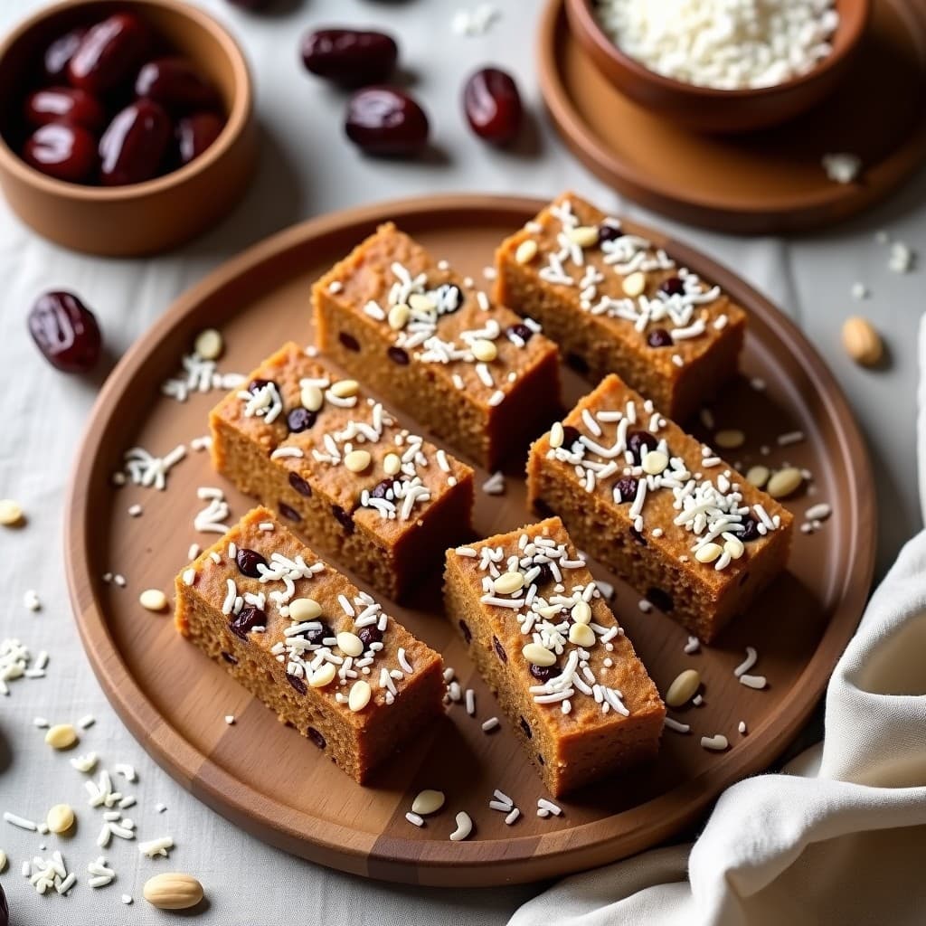Barritas energéticas veganas de dátiles y nueces cortadas en rectángulos, con coco rallado por encima, sobre un plato de madera rústica con fondo neutro. Receta sin azúcar y sin horno.