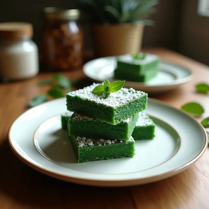 Barritas energéticas sin horno de harina de coco y algas spirulina, con textura compacta y color verde azulado, sobre fondo rústico de madera con semillas de chía y coco rallado esparcidos.