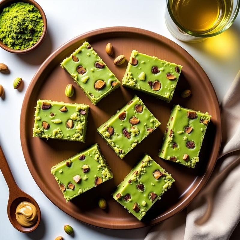 Barritas de matcha y pistacho con proteína en polvo cortadas en rectángulos, con tonos verdes y dorados por los pistachos, dispuestas sobre un plato de madera con fondo claro. Receta fitness sin horno.