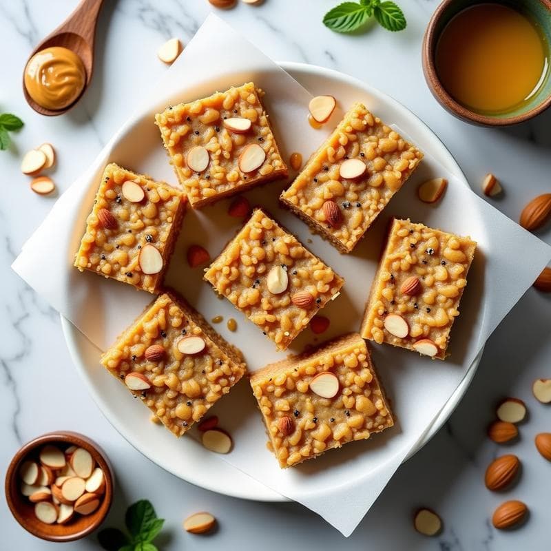 Barritas de proteína de arroz inflado y almendras cortadas en porciones rectangulares, con textura crujiente y dorada, dispuestas sobre un papel de horno blanco con semillas de chía visibles.