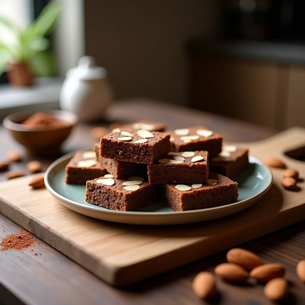 Barritas keto de proteína de cáñamo y algarroba con bondiola de dátiles, cortadas en porciones rectangulares, decoradas con almendras fileteadas y sobre un fondo rústico de madera. Textura esponjosa y color marrón oscuro con toques dorados.