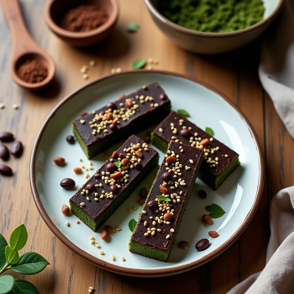 Barritas de proteína de grillo y algas spirulina con covertura de cacao, snack futurista sin horno, cortadas en rectángulos y apiladas sobre papel vegetal con semillas de sésamo espolvoreadas.