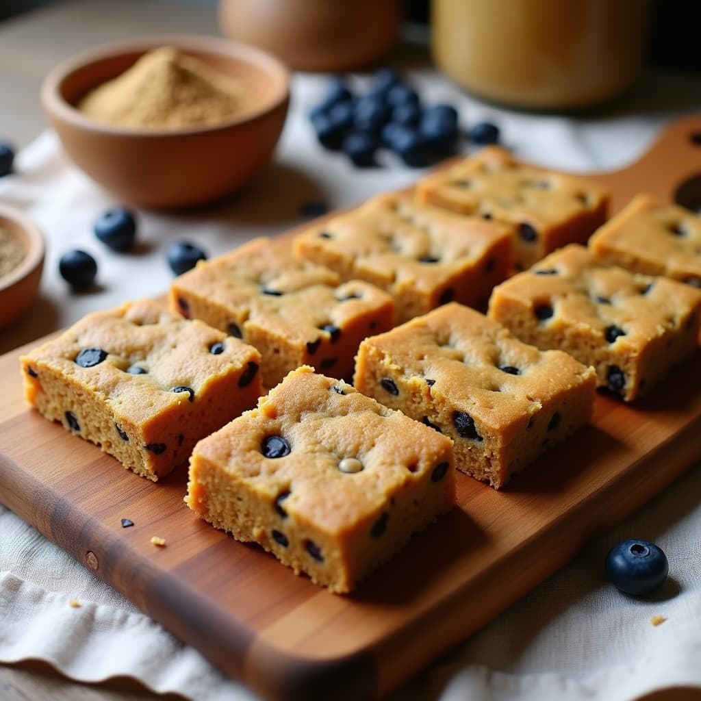 Barritas doradas de proteína de harina de guisante y arándanos sobre tabla de madera, con textura esponjosa y trozos de arándanos liofilizados visibles. Snack vegano alto en proteína para deportistas.