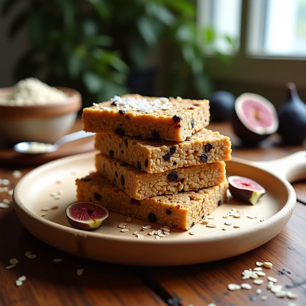 Barritas de proteína de guisantes y avena con trozos de higos secos apiladas sobre un plato de madera, con textura compacta y trozos de higos visibles en la superficie. Snack vegano para deportistas.