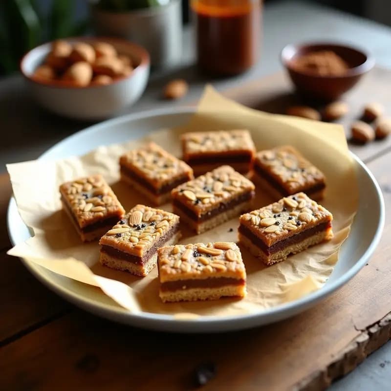 Barritas de proteína de harina de grillo y algarroba recién horneadas, doradas y cortadas en rectángulos, con almendras fileteadas visibles en la superficie, sobre un papel de horno rústico.