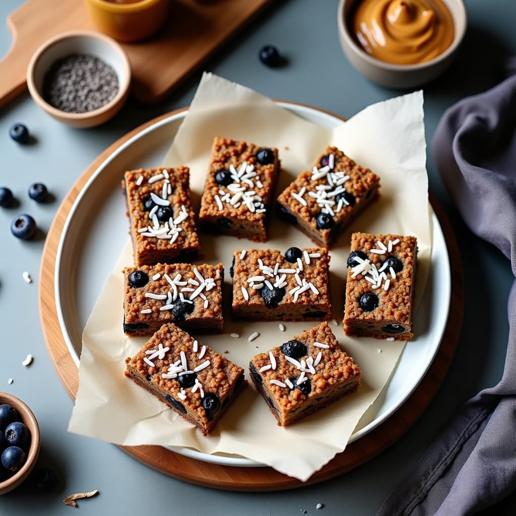 Barritas de quinoa inflada, arándanos deshidratados y semillas de chía, cortadas en rectángulos y apiladas sobre papel de horno. Textura crujiente por fuera y compacta por dentro, con trozos de coco rallado visible en la superficie. Desayuno energético sin cocinar, ideal para llevar en tupper.