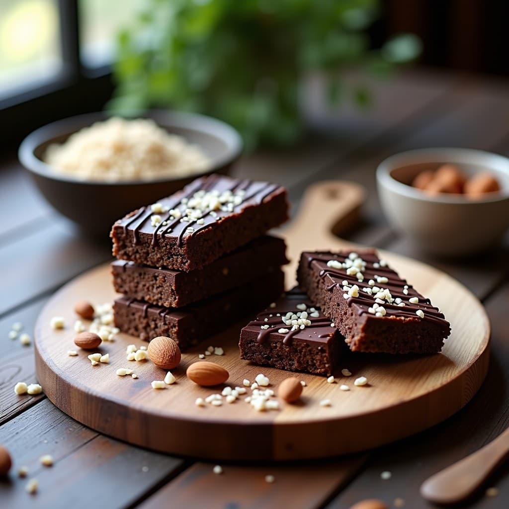 Barritas de quinoa y chocolate negro apiladas sobre una tabla de madera oscura, con trozos de almendra tostada y semillas de sésamo visibles, bañadas en chocolate negro brillante y decoradas con virutas de coco rallado.