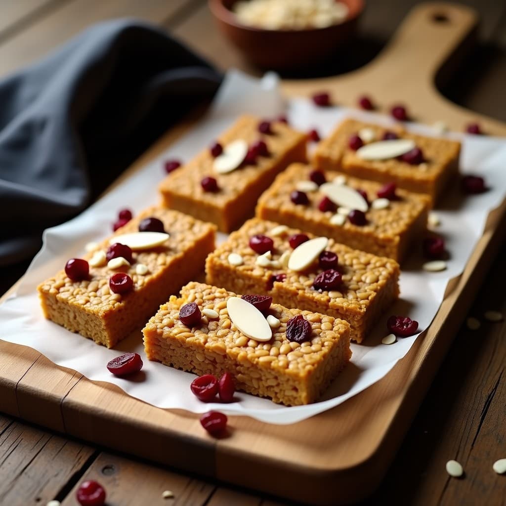 Barritas energéticas keto de semillas de lino dorado y cranberries deshidratados, cortadas en porciones rectangulares, con almendras fileteadas por encima, sobre un fondo de madera rústica y acompañadas de unos cranberries sueltos.