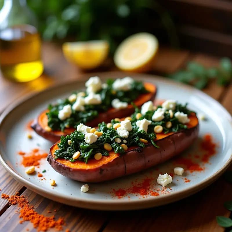 Batata morada asada cortada por la mitad rellena de espinacas salteadas con ajo, piñones y queso feta desmenuzado dorado en airfryer. Plato griego keto con toques de pimentón y hierbas provenzales sobre fondo rústico de madera.