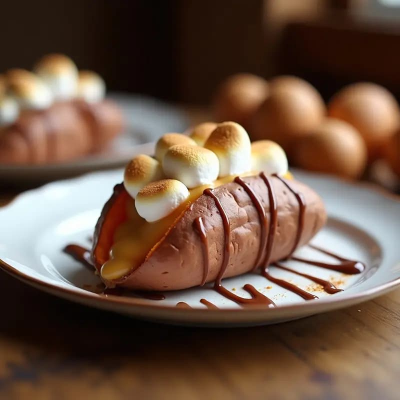 Batata asada abierta por la mitad, rellena de mantequilla de cacahuete cremosa y coronada con marshmallows derretidos y dorados, servida en plato rústico con fondo borroso de cocina.