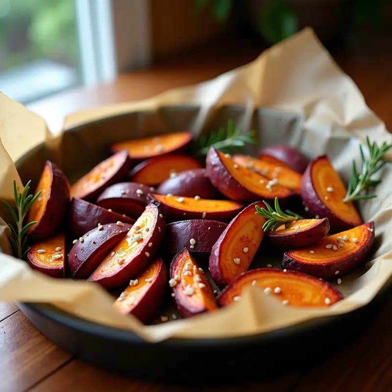 Bandeja de horno con trozos de batata morada asada, dorados y crujientes por fuera, con un toque de pimentón ahumado y semillas de sésamo, servidos sobre papel vegetal.