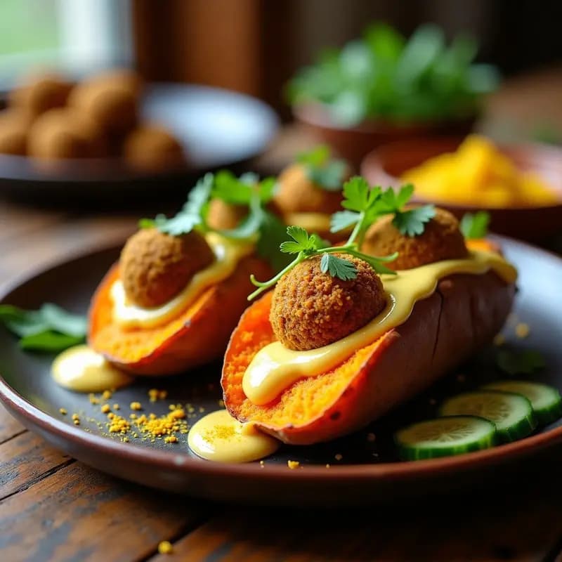Plato con batata morada abierta rellena de falafel dorado, bañada en salsa cremosa de tahini con semillas de sésamo y hojas de menta. Receta vegana de Oriente Medio sin horno.