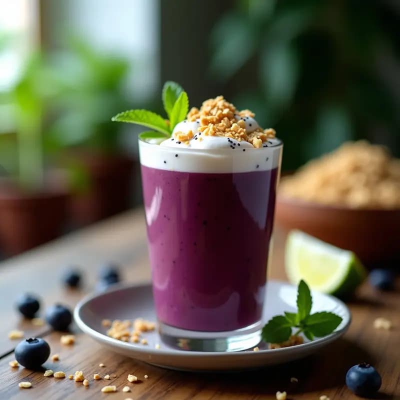 Vaso alto transparente con batido de açaí morado intenso, coronado por una nube esponjosa de espuma de aquafaba blanca. Decorado con arándanos frescos y semillas de chía, sobre fondo claro con estilo minimalista. Bebida brasilera antiinflamatoria y vegana.