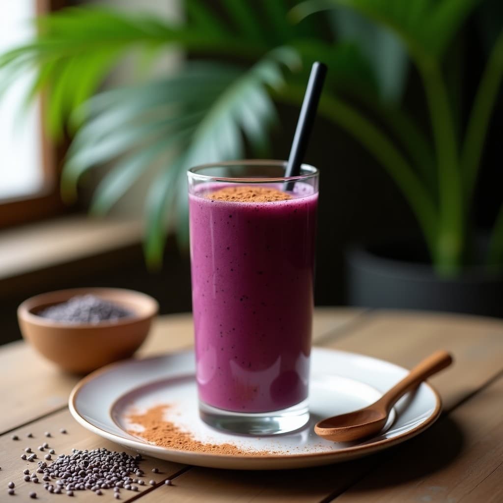 Vaso alto transparente con batido morado oscuro de açaí y guaraná, coronado con una pizca de canela en polvo y semillas de chía. Fondo con hojas de palma y una cuchara de madera, estilo brasileño.