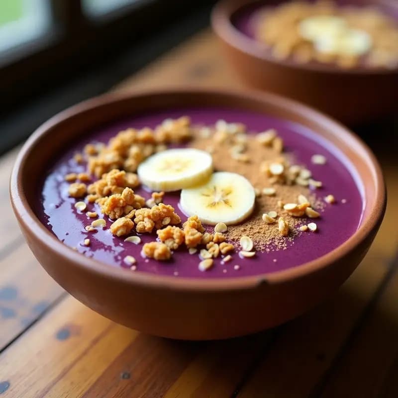 Batido de açaí con plátano y granola en bol hondo de barro, con capas moradas intensas del açaí, cremosidad amarilla del plátano y crujiente granola dorada de almendra y coco. Decorado con rodajas de plátano y espolvoreado de canela, sobre fondo rústico de madera.