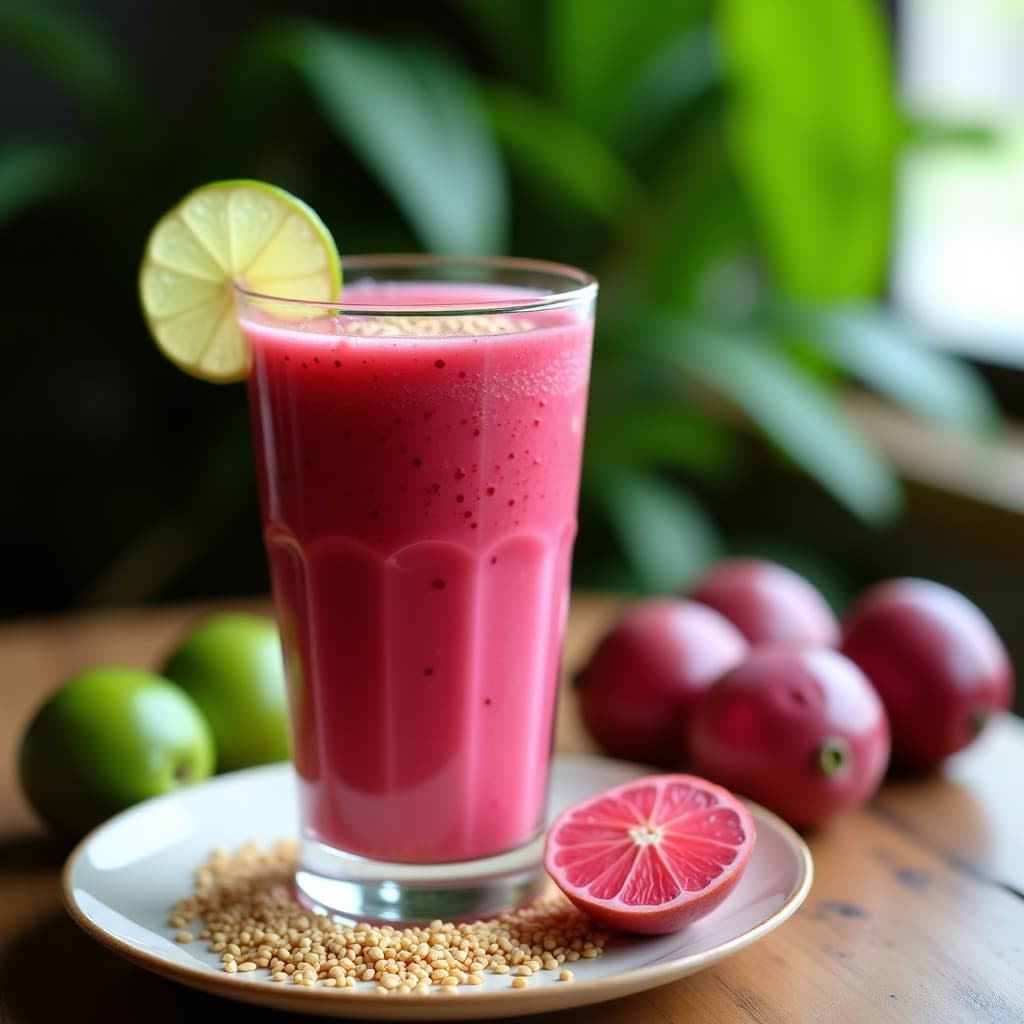 Vaso alto transparente con batido de acerola y camu camu de color rosado intenso, decorado con semillas de sésamo tostadas y una rodaja de limón verde sobre una mesa de madera rústica, con fondo desenfocado de hojas tropicales.