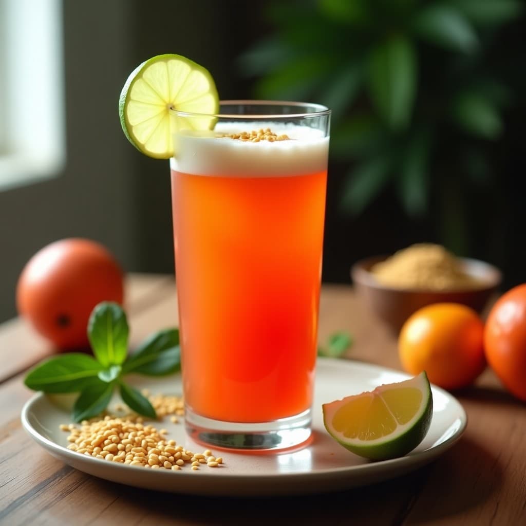Vaso alto transparente con batido de acerola y jengibre, de color naranja intenso con espuma ligera en la superficie, decorado con una rodaja de limón verde y jengibre rallado. Fondo con hojas de acerola y luz natural resaltando la frescura de la bebida brasileña rica en vitamina C.