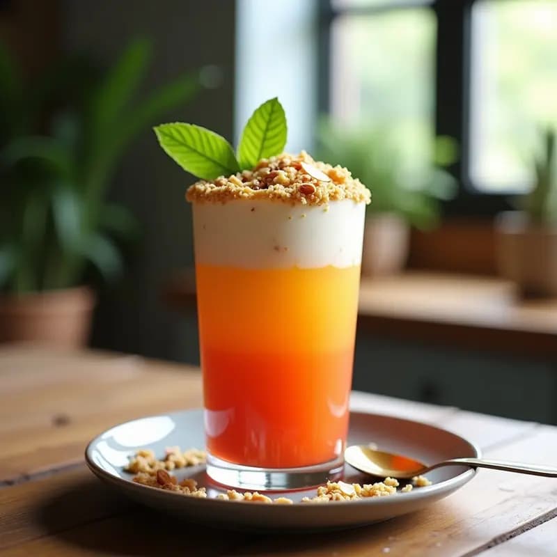 Vaso alto de cristal con batido de acerola y maracuyá en capas, semillas de chía y granola casera dorada con coco y almendras. Presentación tropical antioxidante lista para Instagram.