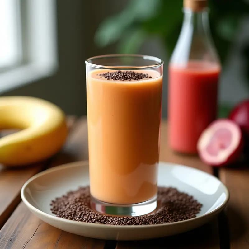 Vaso alto transparente con batido cremoso de color naranja claro, decorado con semillas de sacha inchi oscuras en la superficie. Fondo con ingredientes: plátano, yogur de soja y zumo de acerola. Bebida peruana boost inmunológico.