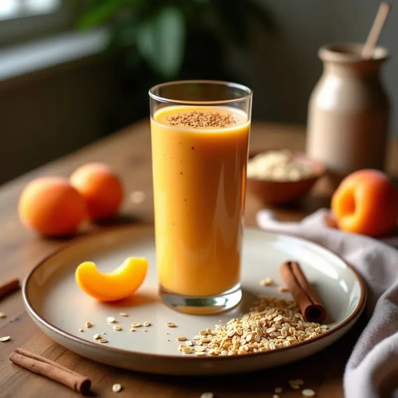 Vaso alto transparente con batido de albaricoque y avena con semillas de lino, color crema con tonos anaranjados, decorado con semillas de lino y canela en polvo, fondo de cocina rústica con ingredientes alrededor.