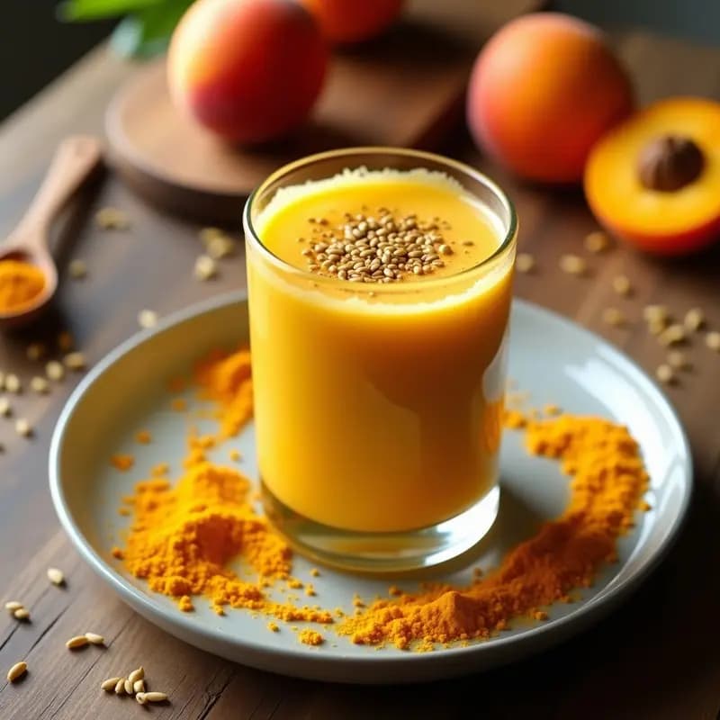 Vaso de cristal transparente con batido de albaricoque y turmeric de color dorado anaranjado, coronado con semillas de cáñamo y una pizca de cúrcuma en polvo. Fondo con albaricoques frescos y una cucharita de madera. Bebida antiinflamatoria para el tupper.