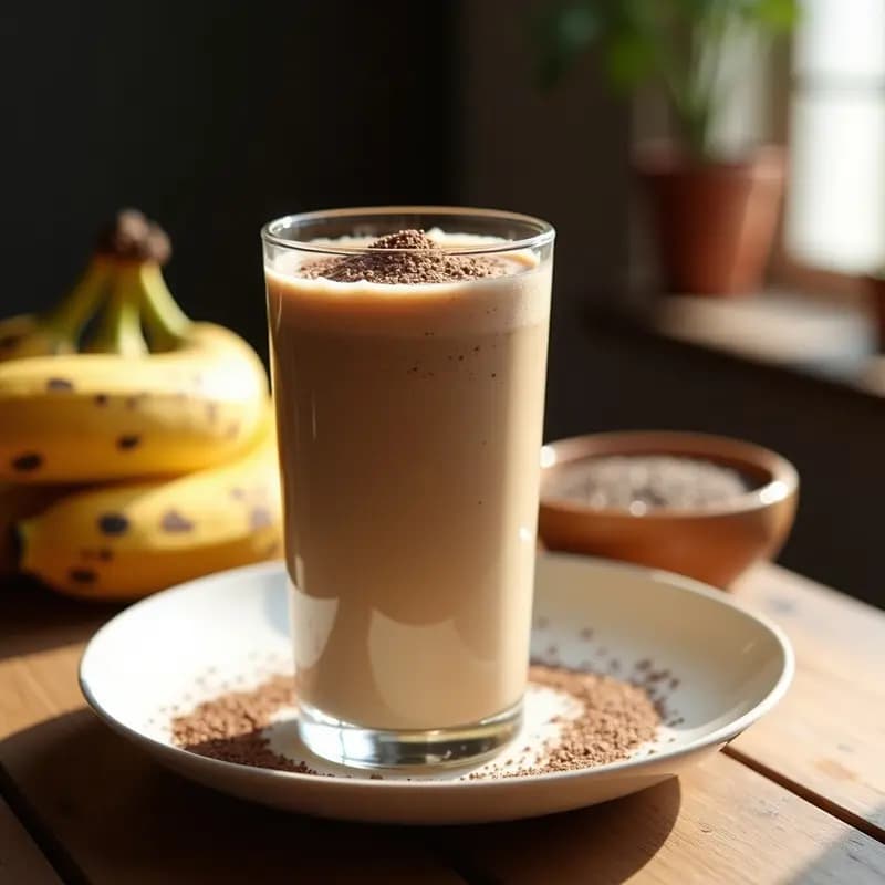 Vaso alto de cristal con batido espeso de color marrón claro, coronado con semillas de chía y una pizca de algarroba en polvo. Al fondo, plátanos maduros y un bol con semillas de chía, sobre una mesa de madera rústica con luz natural. Bebida española sin azúcar.