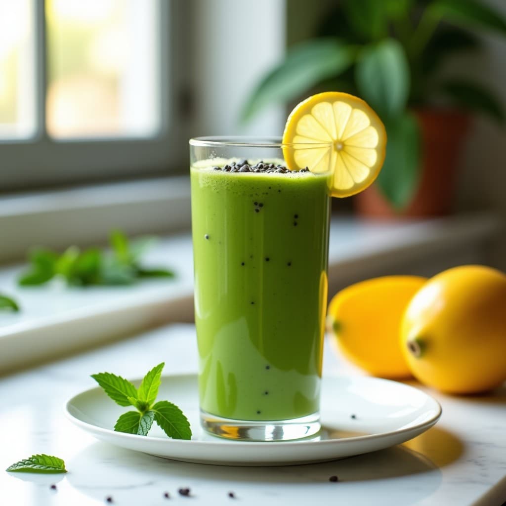 Vaso alto transparente con batido verde vibrante de algas spirulina y mango, decorado con semillas de chía y una rodaja de limón, sobre fondo blanco con hojas de menta.