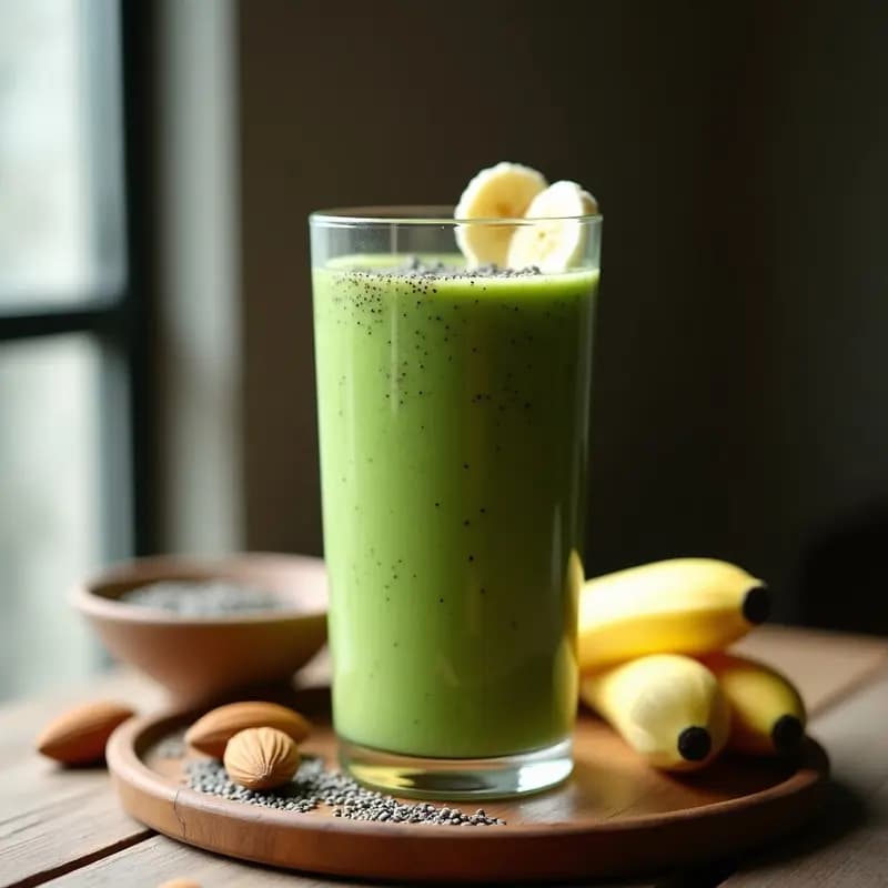 Vaso alto transparente con batido verde espeso de almendras, espirulina y plátano, decorado con semillas de chía y rodajas de plátano. Bebida keto post-entreno fresca y nutritiva.