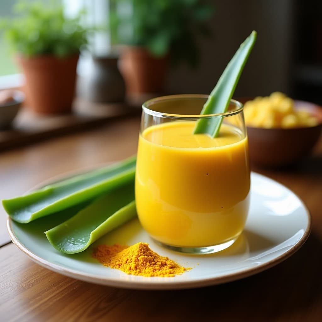 Vaso alto transparente con batido de aloe vera y cúrcuma con leche de almendras, de color dorado cremoso, decorado con una pizca de cúrcuma en polvo y una rodaja de limón al borde, sobre una mesa de madera con ingredientes dispersos: hoja de aloe vera, raíz de jengibre y semillas de almendras.
