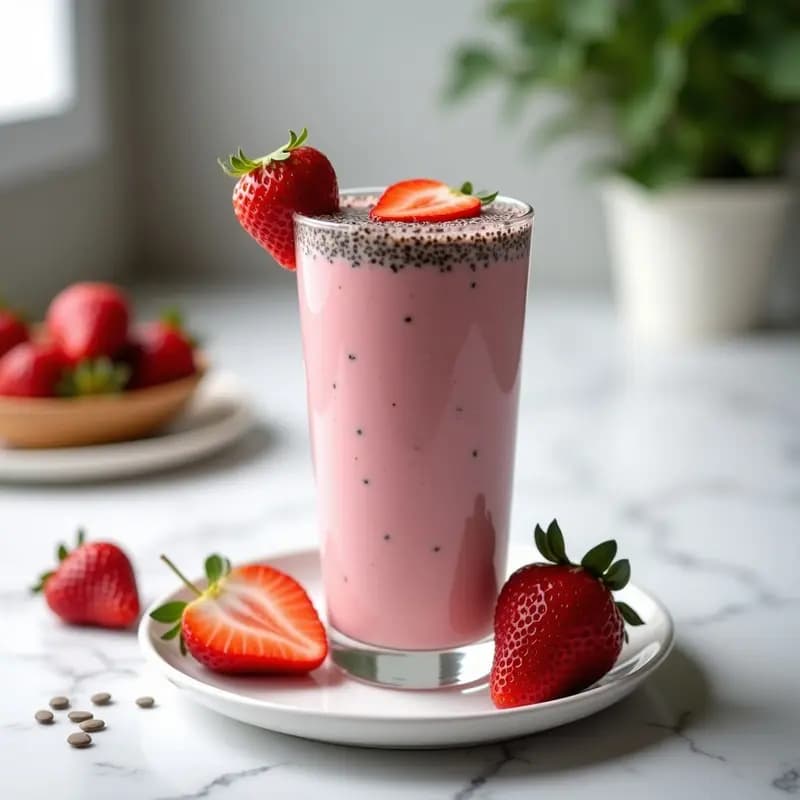 Vaso alto transparente con batido de alpiste y fresa de color rosado claro, coronado con semillas de chía y rodajas de fresa fresca. Fondo blanco con detalles de fresas y chía esparcidas.