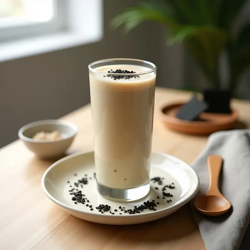 Vaso alto transparente con batido de avena y alga nori, de color beige claro con espuma cremosa, decorado con semillas de sésamo negro y trocitos de alga nori. Fondo minimalista con toques de estilo japonés, como una cuchara de madera y láminas de alga nori al lado.